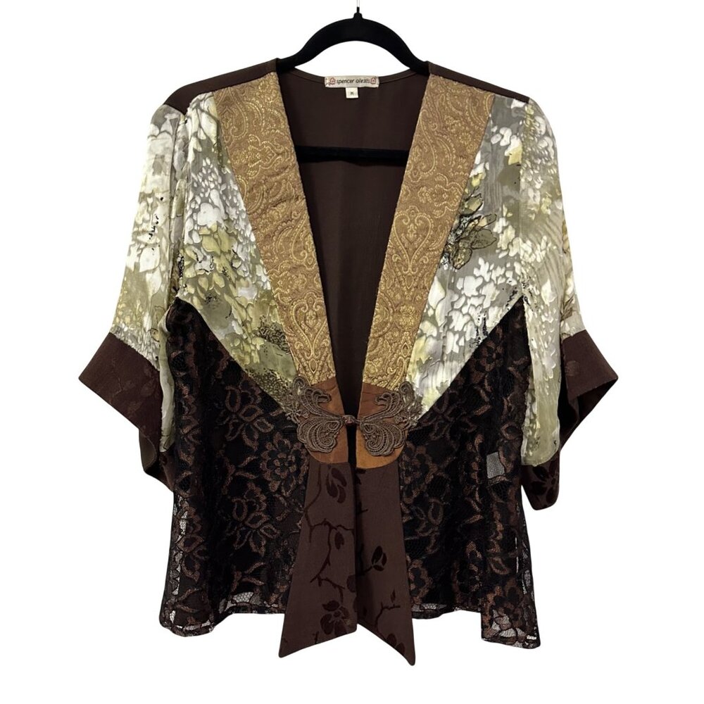 Spencer Alexis Y2K Kimono Top Size M Tan Brown Floral Lace Velvet Forrest Fairy